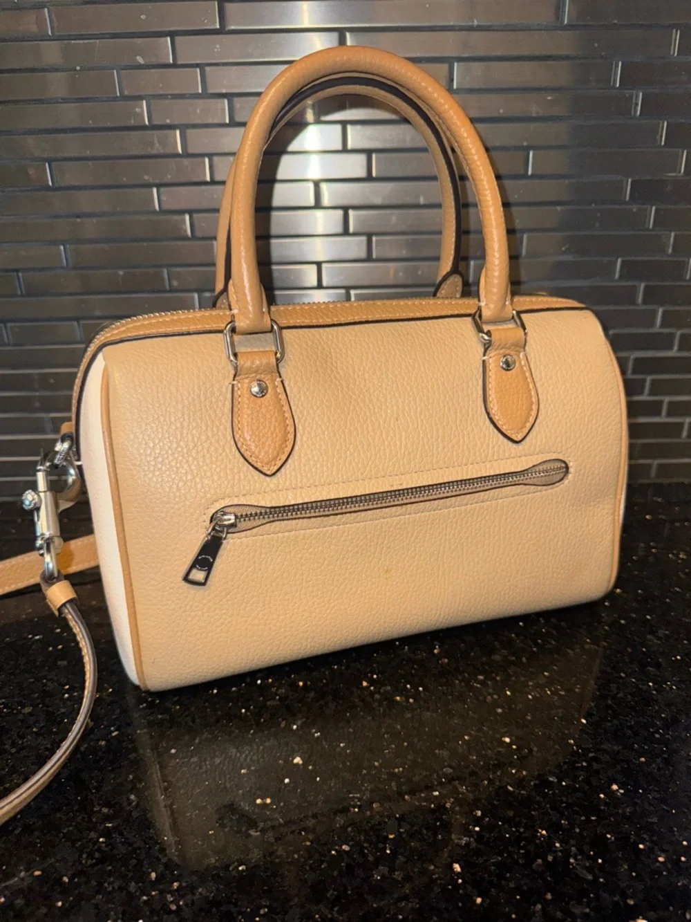 Coach Beige and Tan Leather Satchel with Crossbody Strap - Picture 6 of 10